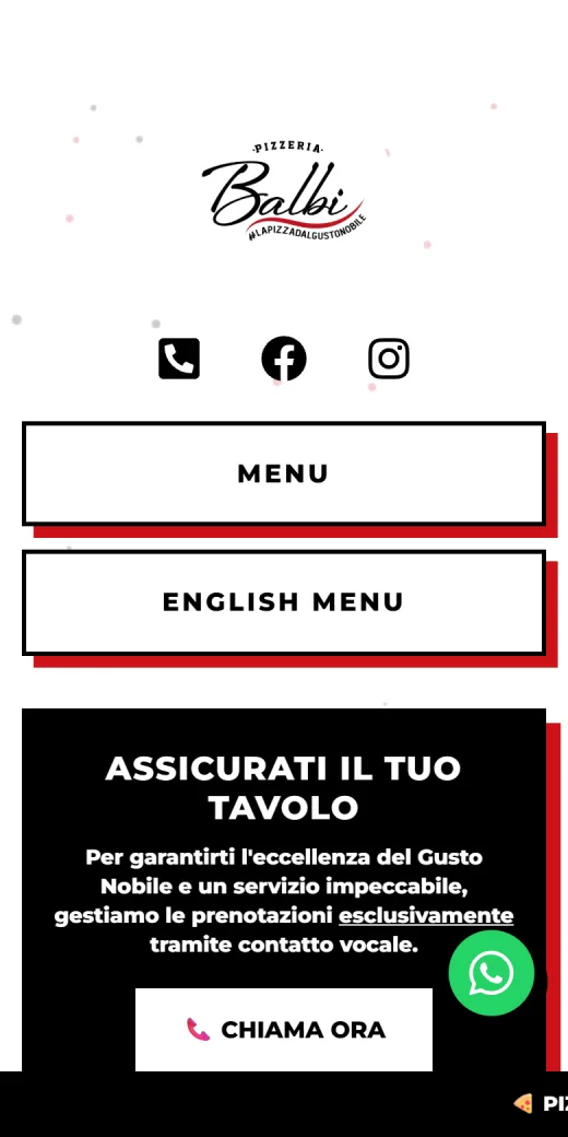 Pagina all-links di Pizzeria Balbi: menu in italiano e inglese e prenotazione al telefono