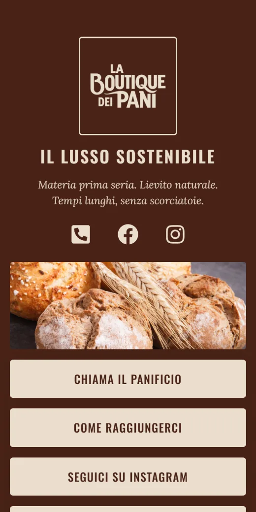 Pagina all-links de La Boutique dei Pani: logo, social, foto e bottoni per chiamare e raggiungere il forno