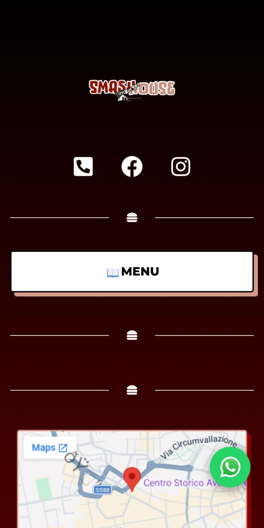 Pagina all-links di Smashouse Burger: logo, contatti, menu e mappa